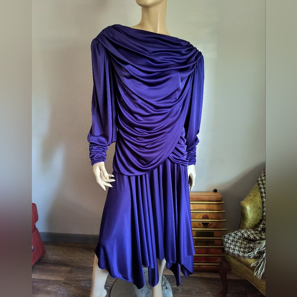 Vintage 80s Abby Kent Purple Women's Dress Draped Large